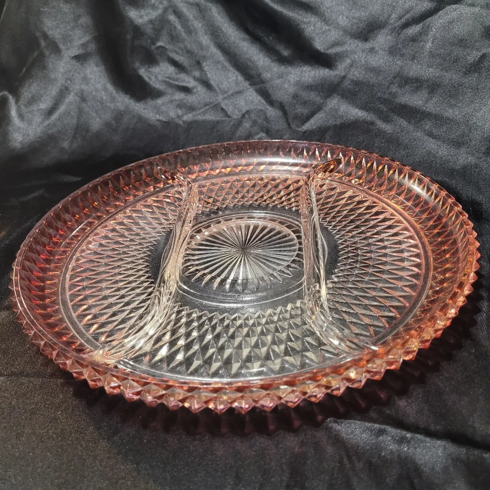 Vintage Indian Glass Diamond Point  Tray~Ruby Flash~3 Part~Relish~Serving Dish